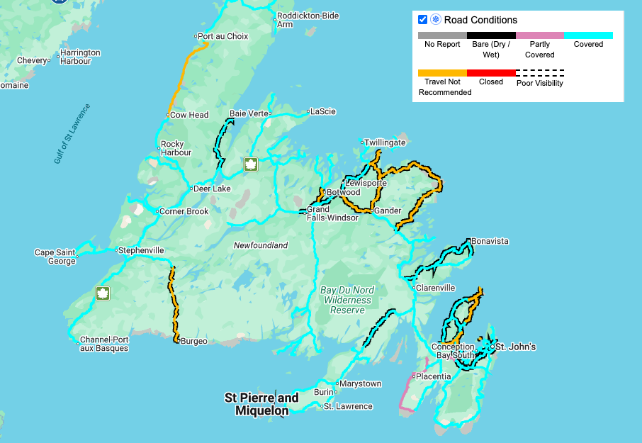 Newfoundland road report from 511NL.ca as of just before 6 AM.