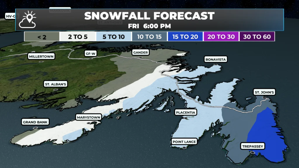 Snowfall forecast from the evening of March 19 to March 20, 2026