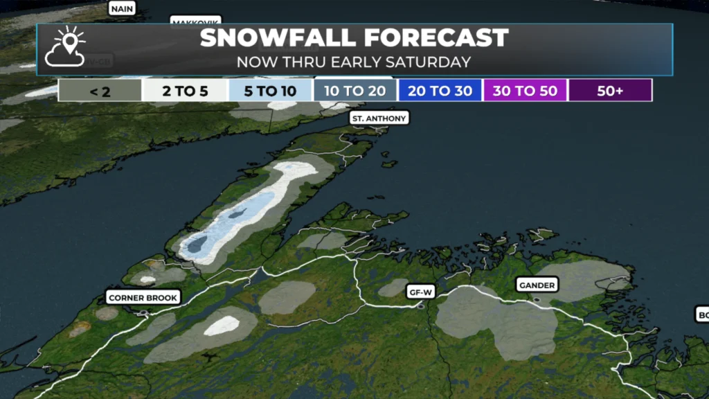 Expected snowfall between later today and early Saturday morning - May 22, 2026 into May 23.