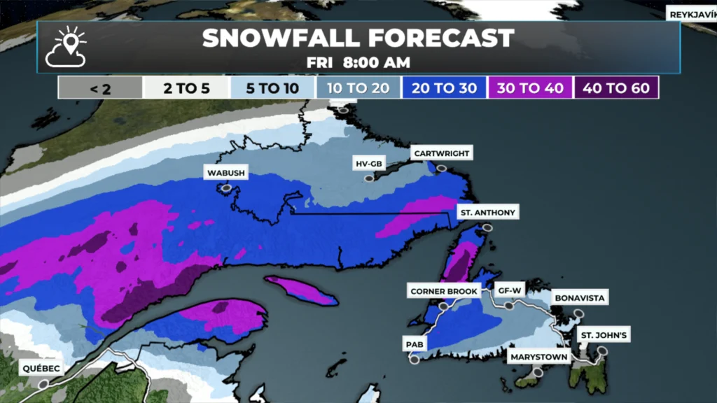 The snowfall forecast from late Wednesday (March 11, 2026) through Friday morning (March 13, 2026).
