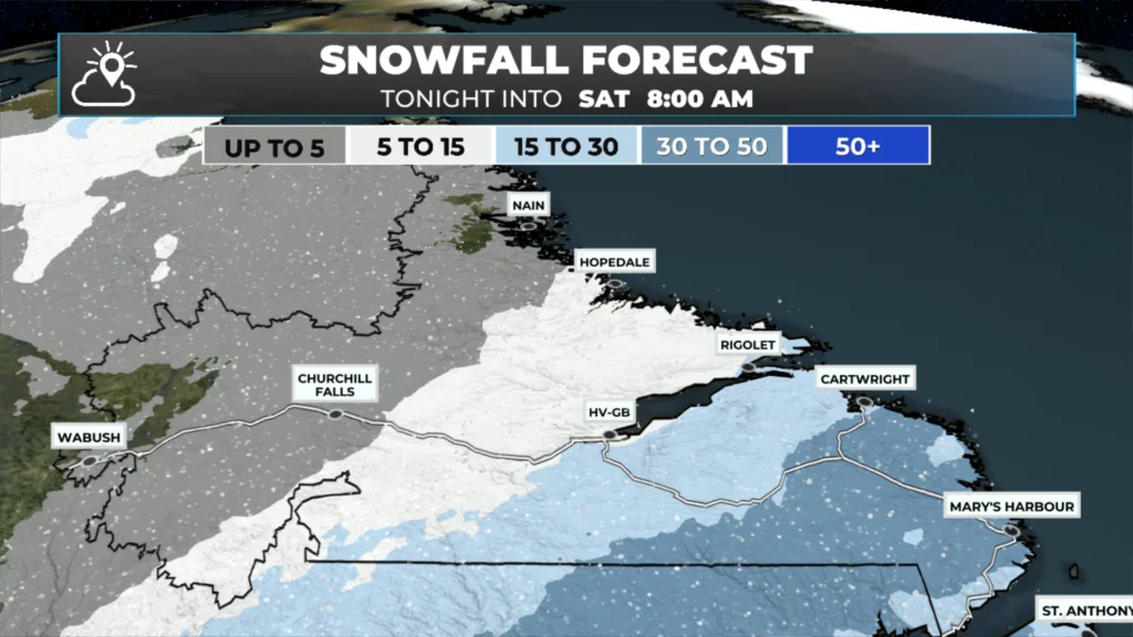 Labrador snowfall between 6 AM this morning and 8 AM Saturday (January 17, 2026).