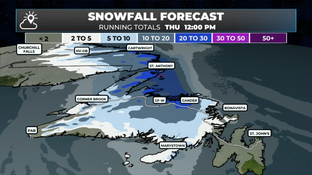 Snowfall forecast from later today through Thursday at 12 PM.
