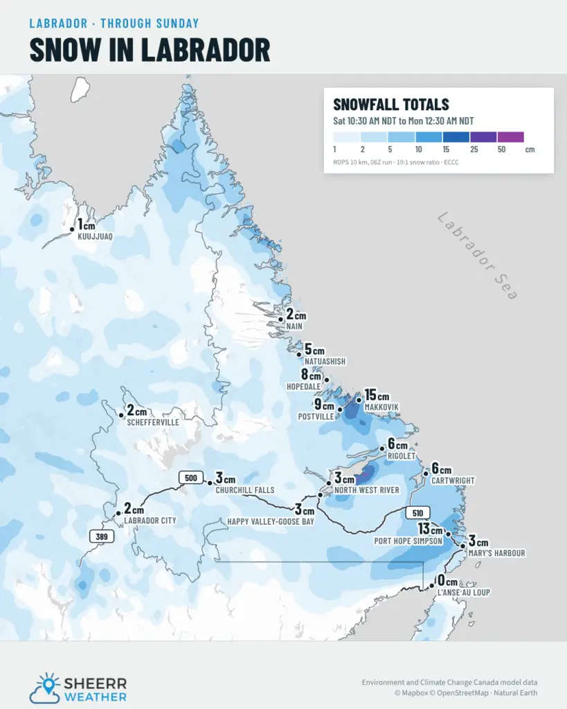 Snow in Labrador through Sunday: up to 15 cm at Makkovik and 13 cm at Port Hope Simpson