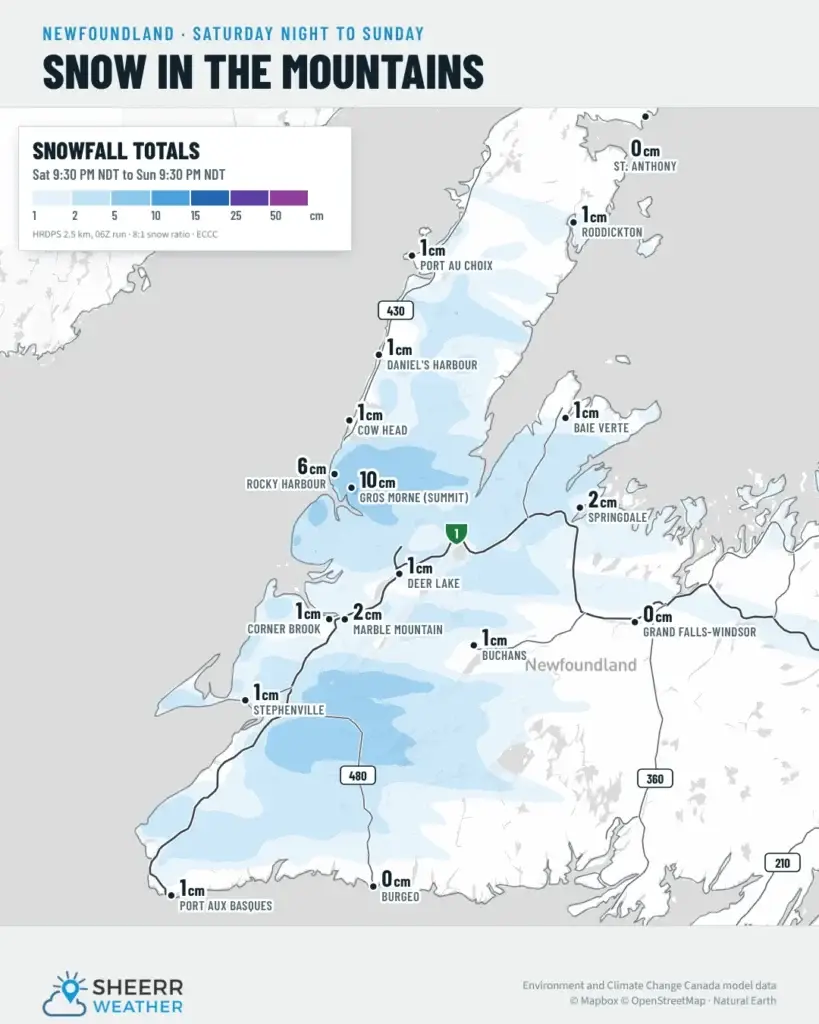 Snow in the mountains of western Newfoundland Saturday night to Sunday: about 10 cm on the Gros Morne summit