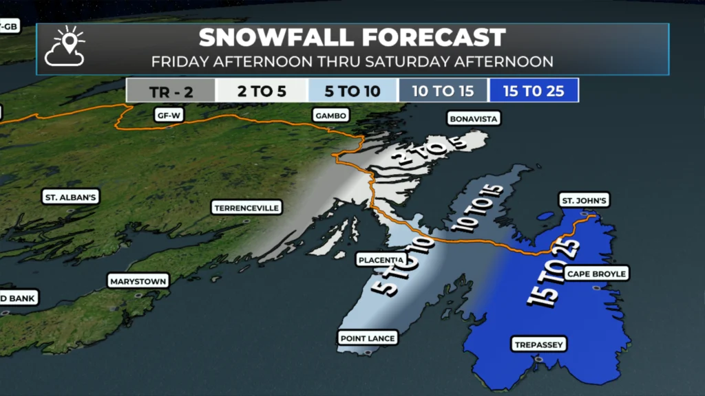 NL's expexted snowfall from this afternoon until Saturday morning (April 24 - 25, 2026)