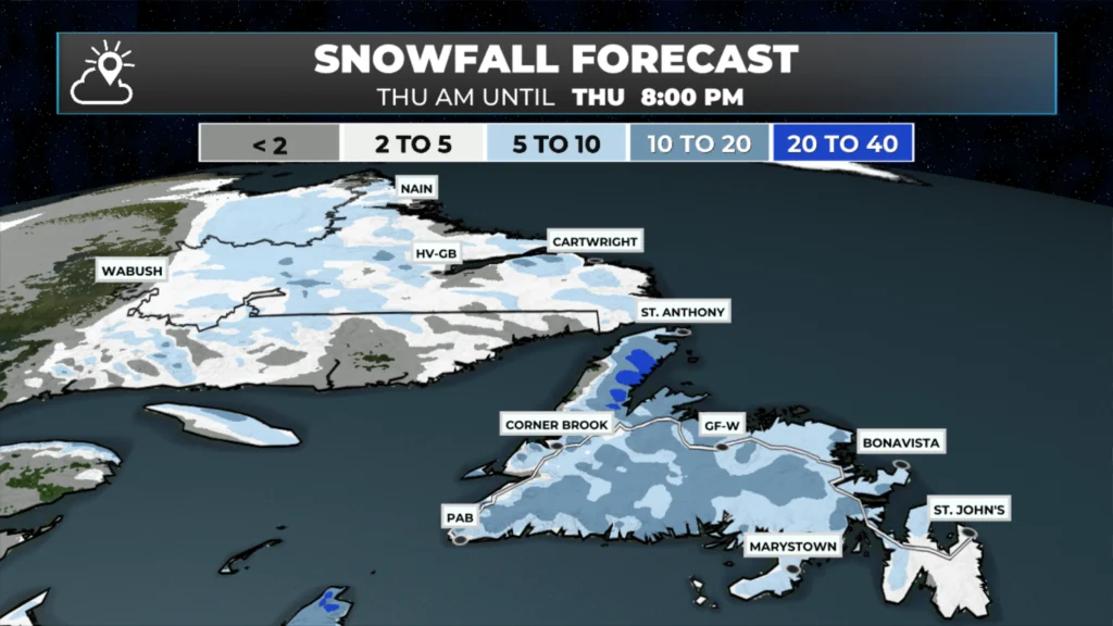 Snowfall forecast from Thursday morning until Thursday evening (Feb 12, 2026)