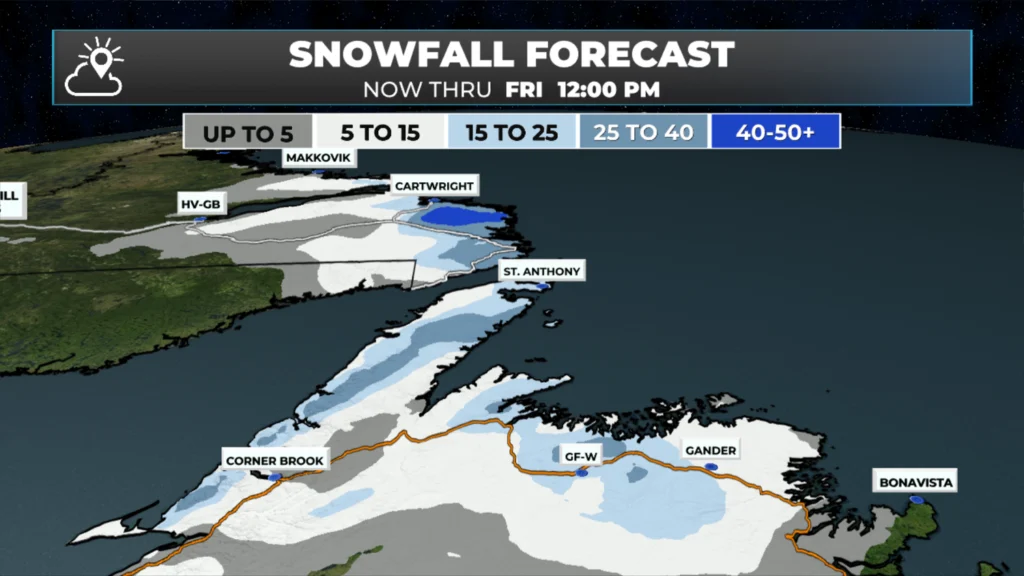 Snowfall forecast from now through 12 PM on Boxing Day (12.26.25)