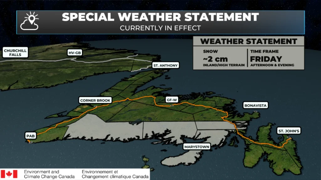 Map of the Special Weather Statement for about 2 cm of snow over inland and higher terrain areas from Burgeo to the Burin Peninsula and Clarenville on Friday