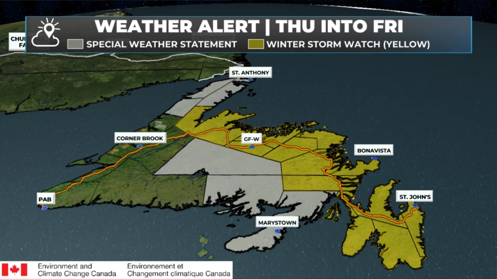 Winter Storm Watch (Yellow) Issued by Environment Canada for snow Christmas Day into Boxing Day