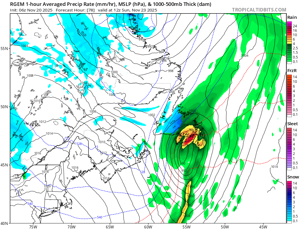 RDPS Model’s depiction of the weather early Sunday morning (8:30 AM NST)