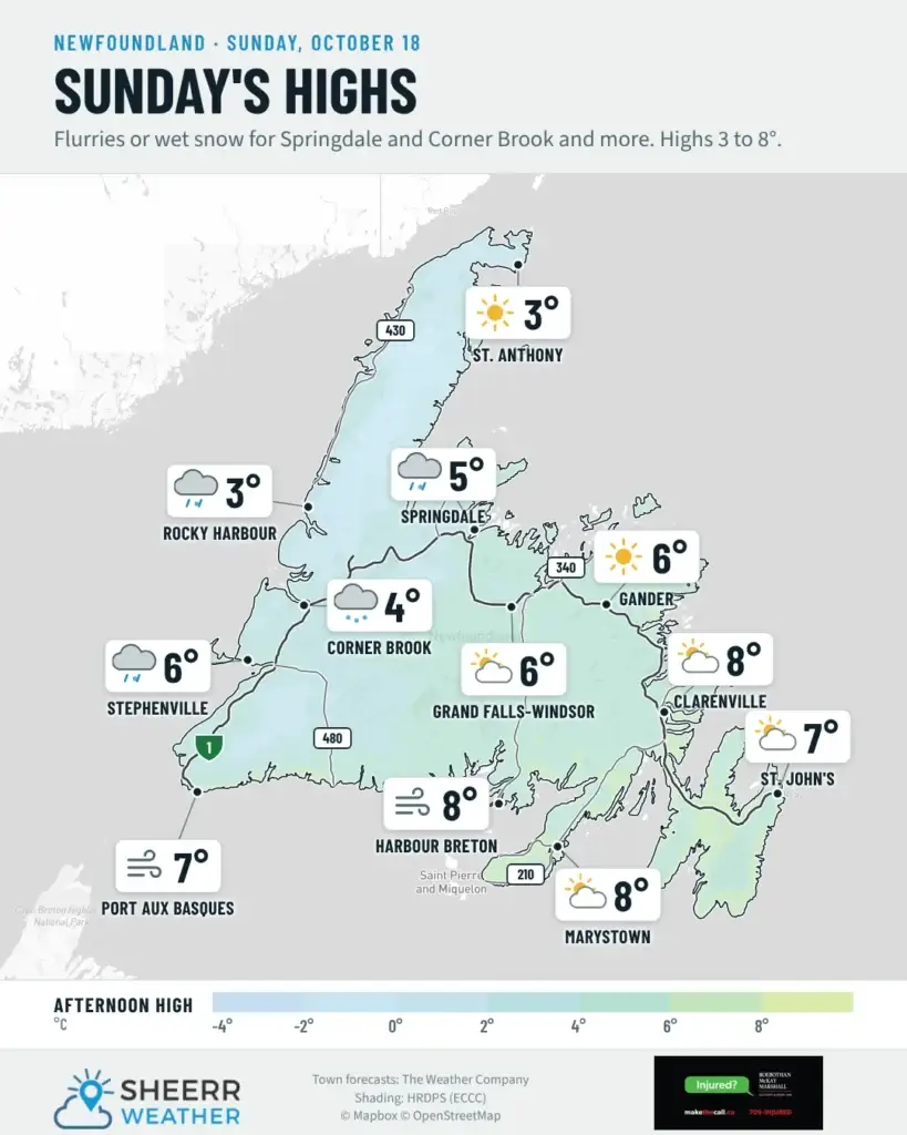 Sunday’s highs for Newfoundland, October 18, 2026: flurries or wet snow for Springdale and Corner Brook, highs 3 to 8
