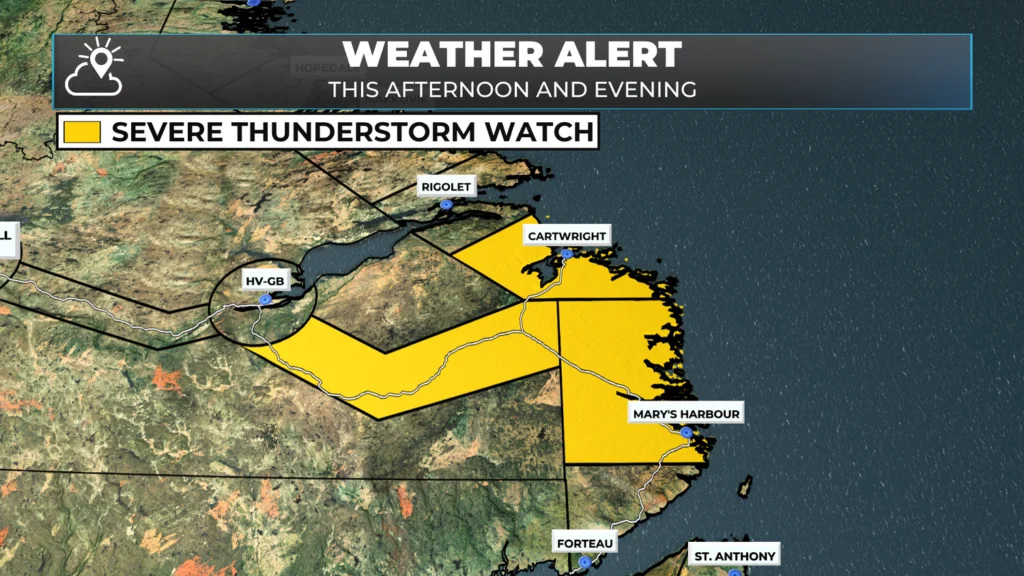 Severe Thunderstorm Watch in effect for southeast Labrador until this evening: forecast graphic 1