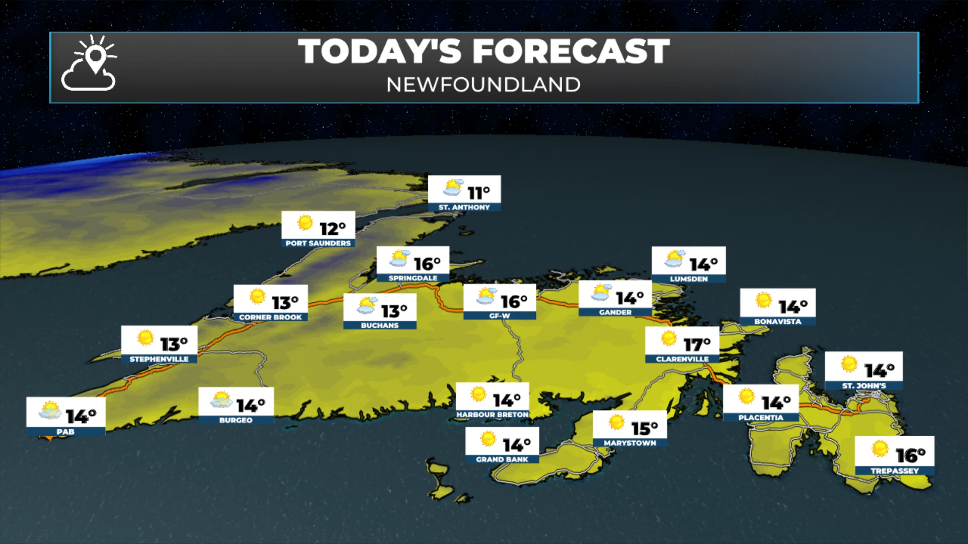 Today's forecast high temperatures across Newfoundland