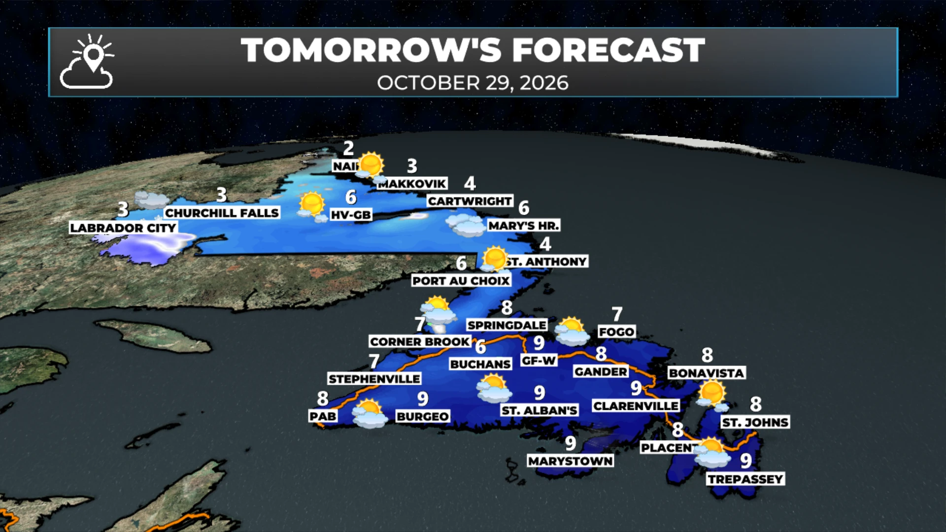 Tomorrow’s forecast highs across Newfoundland and Labrador, October 29, 2026