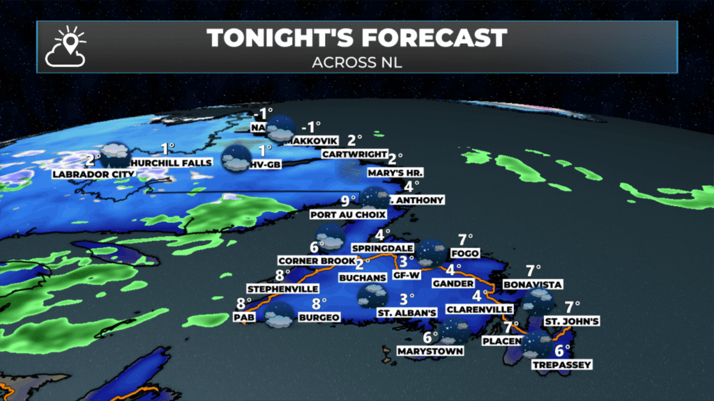 Tonight's forecast low temperatures across Newfoundland and Labrador