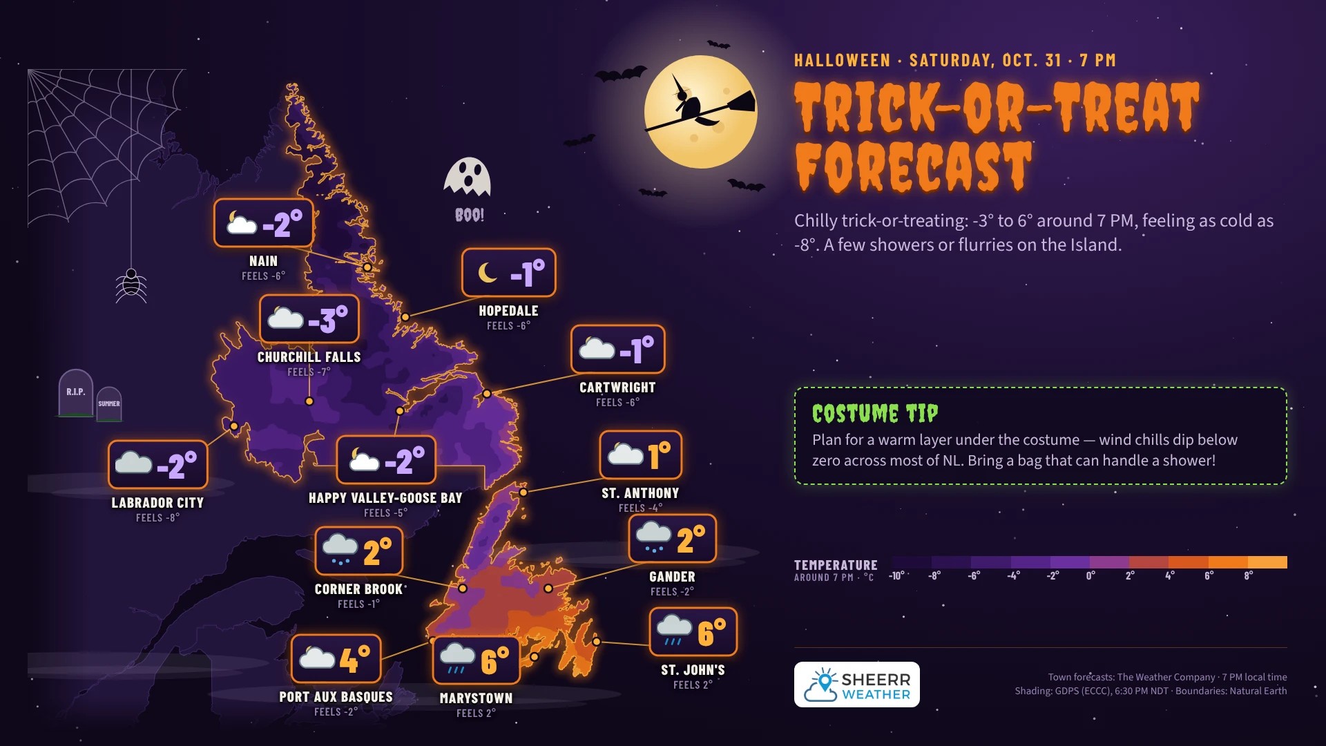 Trick-or-treat forecast map for Halloween, Saturday, October 31 at 7 PM: 6° in St. John’s and Marystown, 4° in Port aux Basques, 2° in Gander and Corner Brook, 1° in St. Anthony, and minus 1° to minus 3° across Labrador, feeling as cold as minus 8°, with a few showers or flurries on the Island