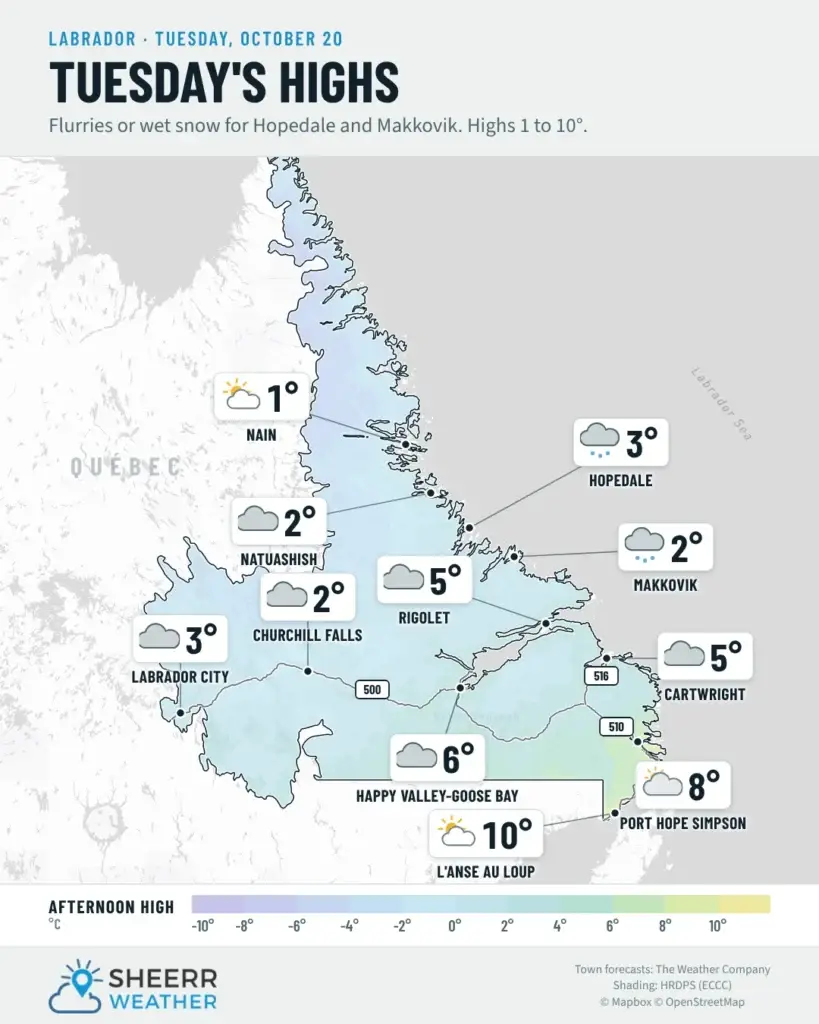 Tuesday’s highs for Labrador, October 20, 2026: flurries or wet snow for Hopedale and Makkovik, highs 1 to 10