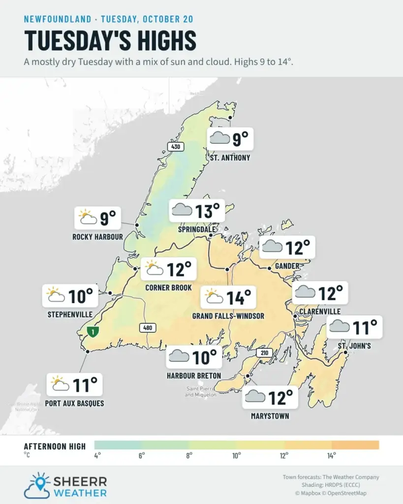 Tuesday’s highs for Newfoundland, October 20, 2026: a mostly dry Tuesday with a mix of sun and cloud, highs 9 to 14