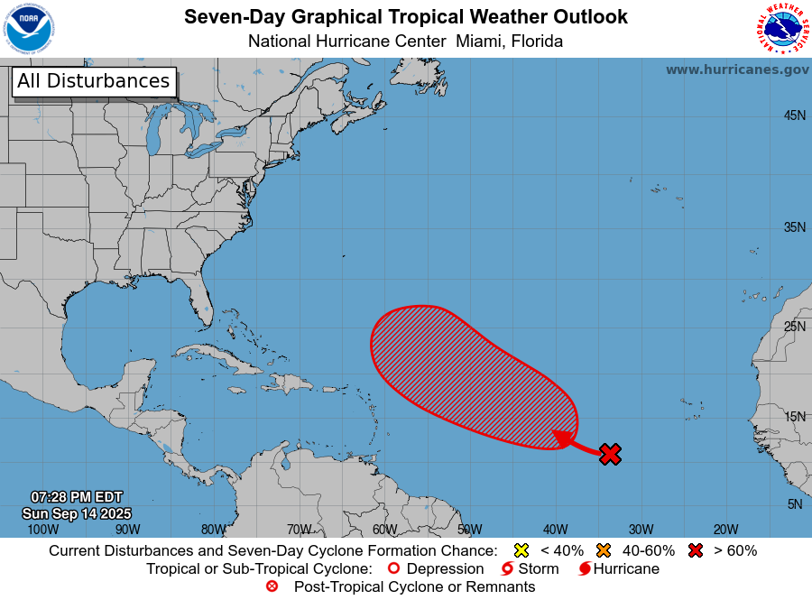 Chances of tropical storm formation in the Atlantic Ocean this week.