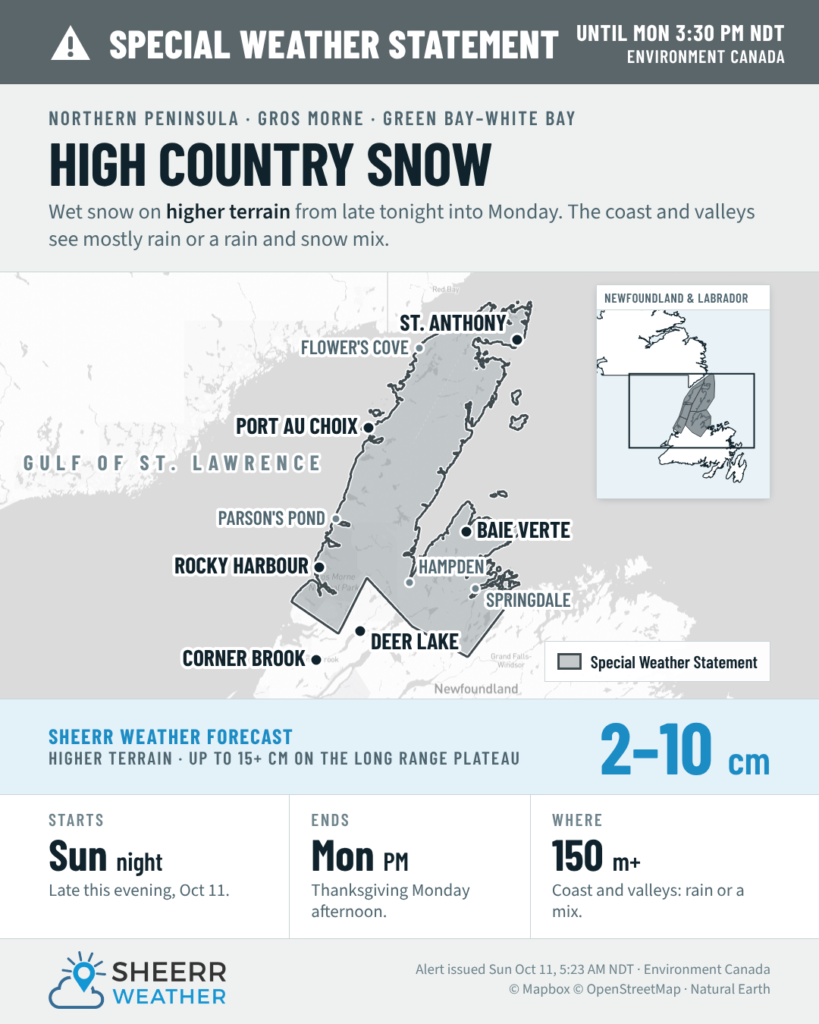 Special Weather Statement map for the Northern Peninsula, Gros Morne and Green Bay-White Bay: wet snow on higher terrain from late Sunday into Monday afternoon, Sheerr Weather forecast of 2 to 10 cm above 150 metres and up to 15 cm or more on the Long Range plateau