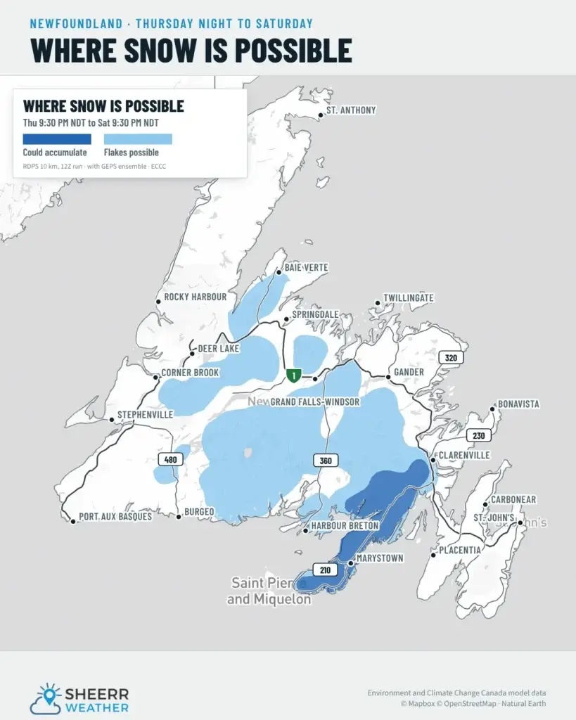Where snow is possible Thursday night to Saturday: snow could accumulate on the Burin Peninsula and up toward Clarenville, with flakes possible across much of central Newfoundland and inland in the west