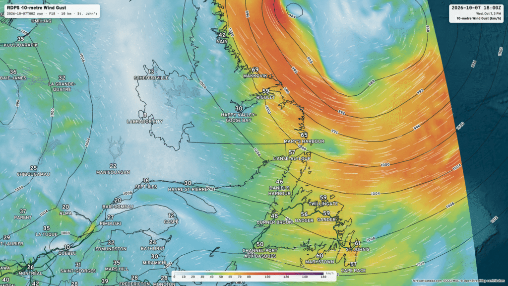 Forecast wind gusts, Wednesday afternoon