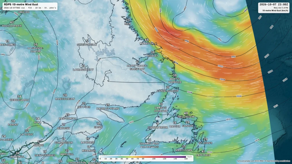 Forecast wind gusts, Wednesday evening