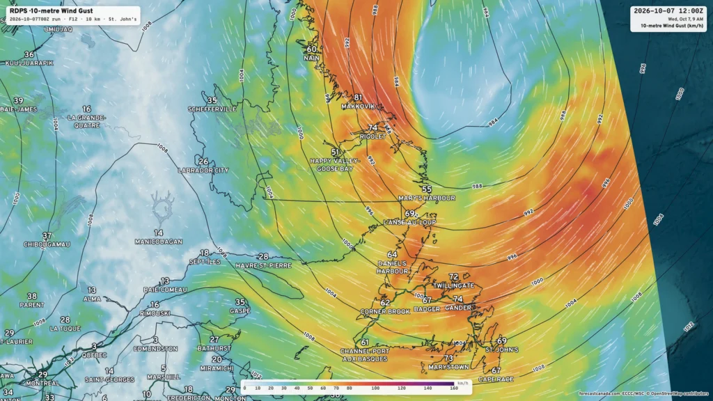 Forecast wind gusts, Wednesday morning