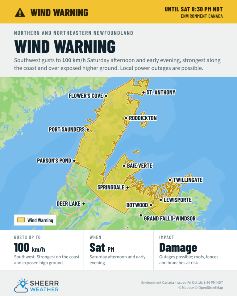 Wind Warnings for Wreckhouse Tonight and Northern Newfoundland Saturday
