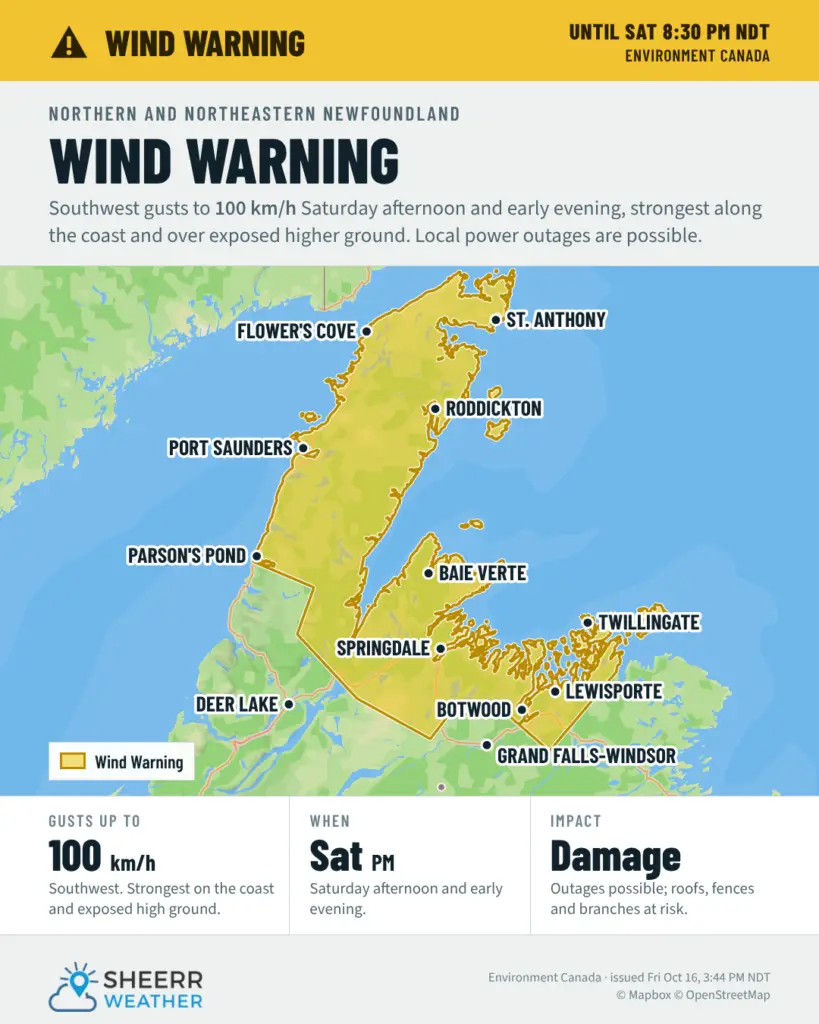Wind Warnings for Wreckhouse Tonight and Northern Newfoundland Saturday