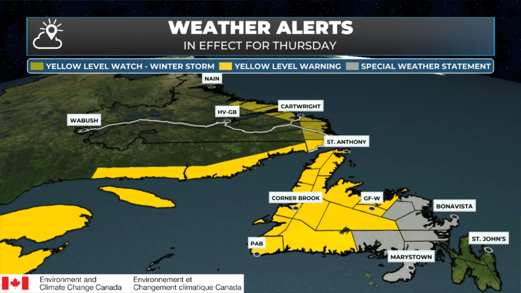 Environment and Climate Change Canada has issued several weather alerts for Newfoundland and Labrador ahead of an incoming storm, which arrives tonight and will not fully depart until Friday.