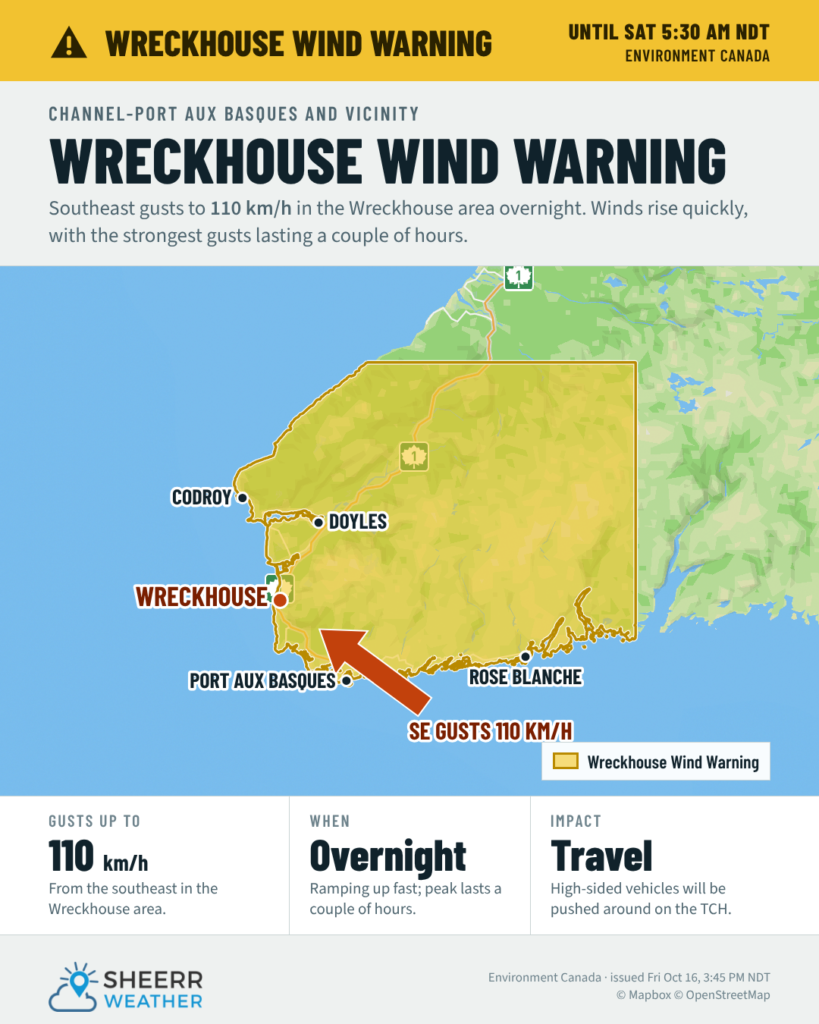 Wreckhouse wind warning: southeast gusts to 110 km/h in the Wreckhouse area overnight