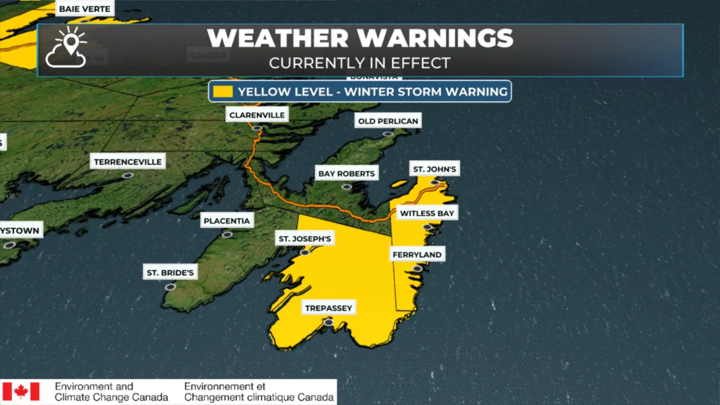 Blowing Snow Advisories, Winter Storm Warning and Wind Warnings Issued for Newfoundland by Environment Canada for Saturday Night and Sunday: forecast graphic 1