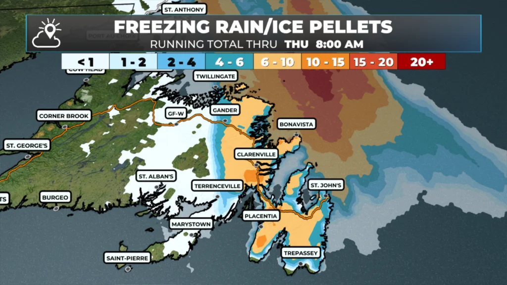 Freezing rain amounts between later today and 12 PM Thursday